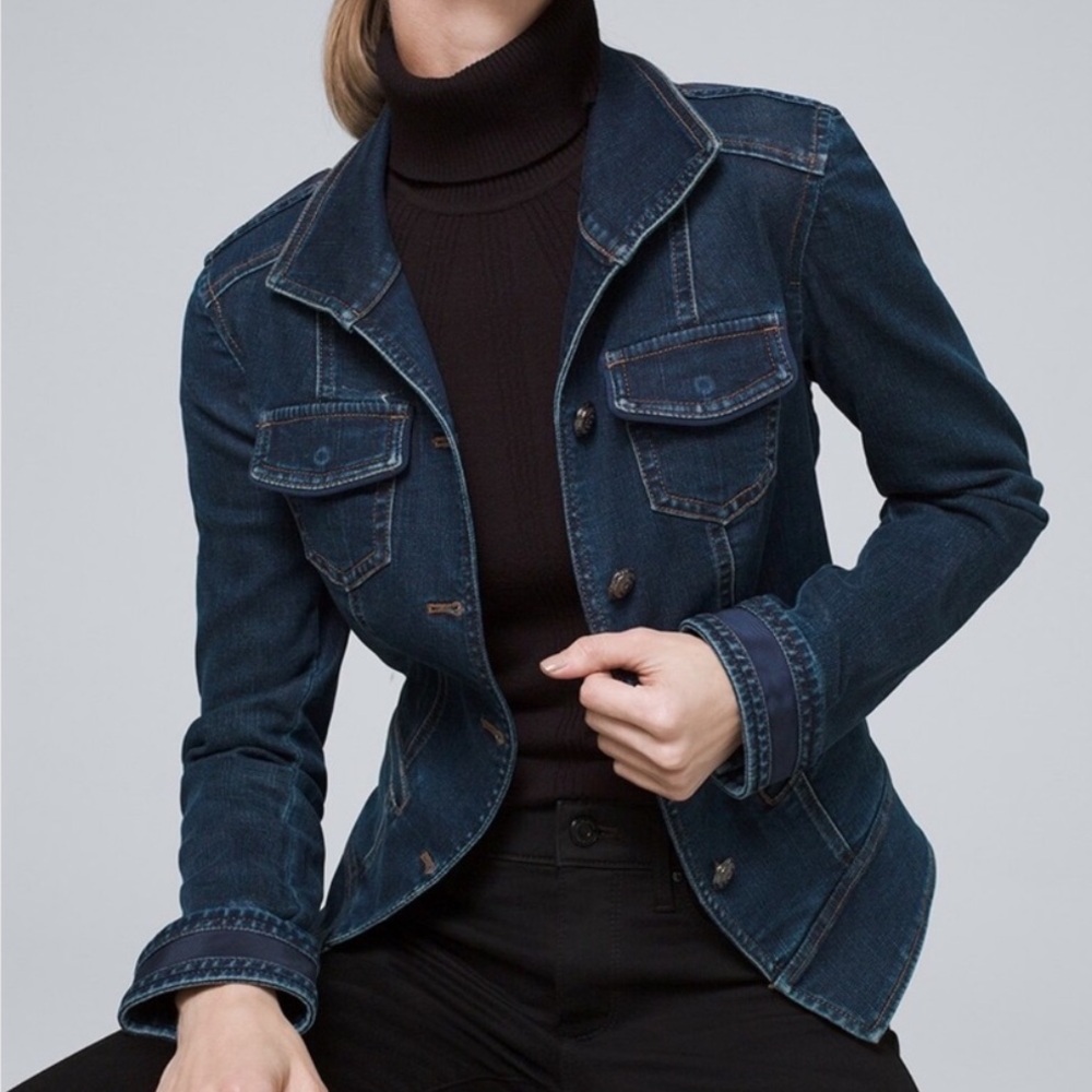 NWT White House Black Market WHBM Denim Band Jacket in Indigo, Size 8